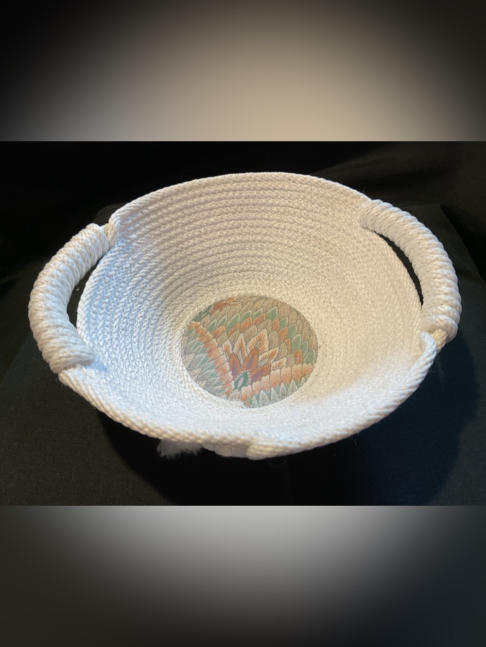 Handmade Rope Bowl with Decorative Fabric Center and Handles